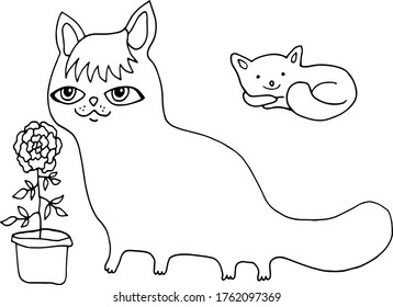colorido de imágenes vectoriales de gatos y flores de rosa en blanco y negro