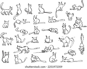 Black and white funny cats silhouette seamless hand written horizontal pattern