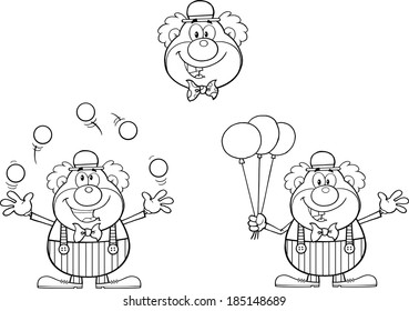 Black and White Funny Clown Cartoon Characters. Vector Collection Set