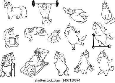 black and white funny and cute unicorns in hand drawn graphic collection