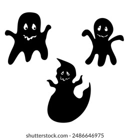 Black and white funny ghosts silhouette isolated on white background. Vector images for party decoration, wall decor, children party decor