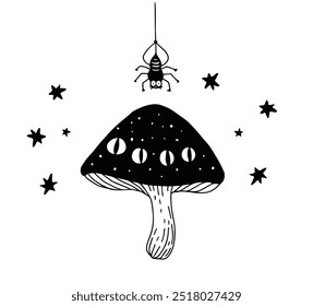 Black and white funny Halloween illustration with spider and magic fly agaric
