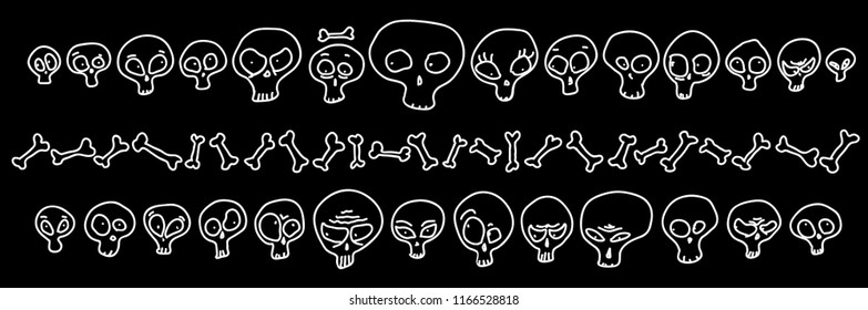 Black and white funny hand drawn skulls showing misc emotions. Vector illustration Halloween design elements.