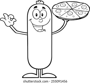 Black And White Funny Sausage Cartoon Character Holding A Pizza. Vector Illustration Isolated On White