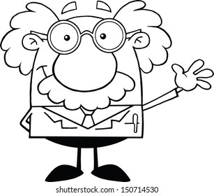 Black And White Funny Scientist Or Professor Smiling And Waving For Greeting