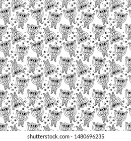 Black and white funny seamless pattern in doodle style. Cartoon monster character background with cute eyes in vector. Good for Halloween party wrapping paper, background fill or textile design. 