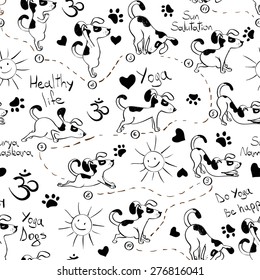 Black and white funny seamless pattern with cartoon dog doing yoga position of Surya Namaskara. Healthy lifestyle concept.