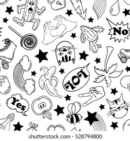 Black and white funny seamless pattern of fashion stickers, emoji, pins or patches in cartoon 80s-90s comic style. 