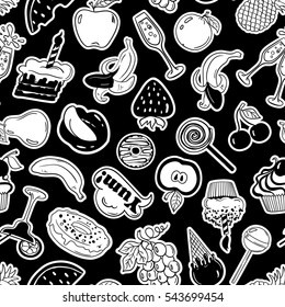 Black and white funny seamless pattern of fruits and sweets stickers, emoji, pins or patches in cartoon 80s-90s comic style. 