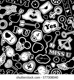 Black and white funny seamless pattern of love stickers, emoji, pins or patches in cartoon 80s-90s pop comic style. Happy Valentine's day or wedding background.
