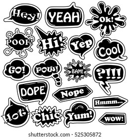 Black and white funny set of cartoon speech bubbles and stickers. Talk bubbles with expressions inside.