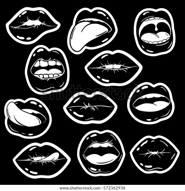 Black and white\
funny set of female lips stickers, icons, emoji, pins or patches in\
cartoon 80s-90s pop comic style. Woman\'s mouth black lipstick\
makeup in different\
emotions.