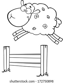 Black And White Funny White Sheep Jumping Over The Fence. Vector Illustration Isolated on white