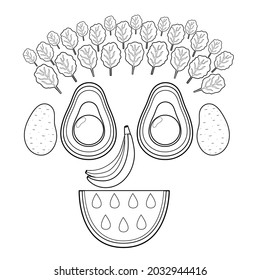 Black and white funny smiling fruit and vegetable face. Funny food coloring page with avocados instead of eyes, watermelon instead of mouth, bananas instead of nose. Vegan print. Vector illustration