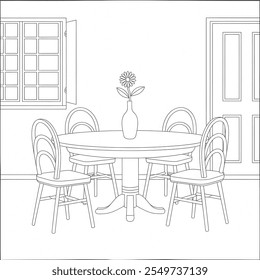 A black and white furniture dining table coloring page of a line art 