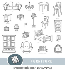 Black and white furniture set, collection of vector items with names in English. Cartoon visual dictionary for kids