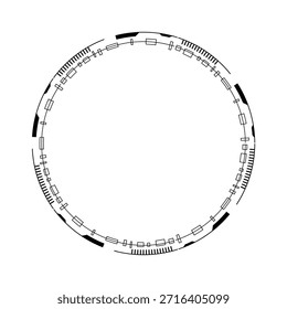 Marco circular futurista en blanco y negro con intrincados patrones geométricos, perfecto para diseños tecnológicos.