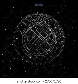 black and white futuristic user interface. Abstract polygonal space low poly dark background with connecting dots and lines. Connection structure. Polygonal vector background.  