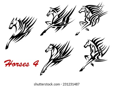 Black and white galloping horses icons or tattoos with flowing stylized manes, side view of front legs and head