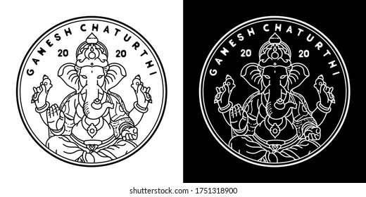 Black and White Ganesh Chaturthi Monoline Badge Design
