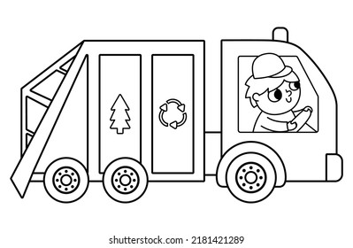 Black and white garbage truck icon. Man driving rubbish van with recycling sign. Line trash car illustration. Waste sorting concept. Vector environment protection coloring page
