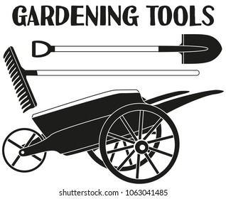 Black and white garden care toolls silhouette set. Shovel, rake and wheelbarrow Garden tool vector illustration gift card certificate sticker, badge, label, icon, poster, patch, banner invitation