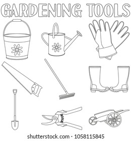 Black and white garden icon set 9 elements. Coloring book page for adults and kids. Gardening tool vector illustration for gift card certificate sticker, label, stamp, poster, patch, banner invitation