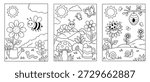 Black and white garden insect coloring pages with bee, caterpillar, ladybug and flowers for kids