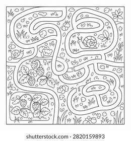 Black and white garden maze puzzle for kids featuring snails, strawberries, and plant foliage. Educational line art game for coloring and early childhood logic and development.