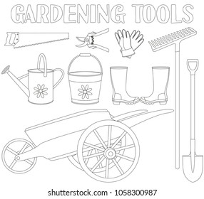 Black and white garden tool set 9 elements. Coloring book page for adults and kids. Gardening tool vector illustration for gift card certificate sticker, label, icon, poster, patch, banner invitation