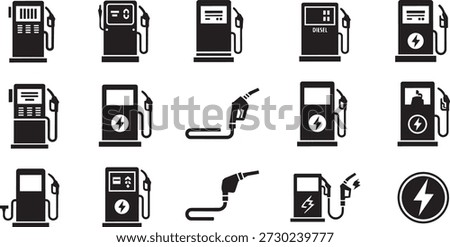 Black and white gas pump icons with electric fuel stations