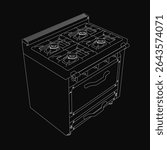 A black and white gas stove with four burners and two drawers stands out against a dark background. The stark contrast highlights the detailed drawing of this classic kitchen appliance.