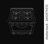 Black and white gas stove with four burners and two drawers, featuring a dark background for stark contrast. The detailed line drawing highlights the stove's classic design and functional elements.