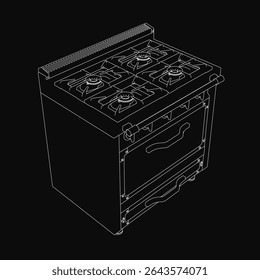 Um fogão a gás preto e branco com quatro queimadores e duas gavetas destaca-se contra um fundo escuro. O contraste acentuado destaca o desenho detalhado deste clássico aparelho de cozinha.