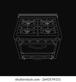 Black and white gas stove with four burners and two drawers, featuring a dark background for stark contrast. The detailed line drawing highlights the stove's classic design and functional elements.