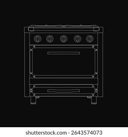 A black and white gas stove illustration features four burners and an oven, set against a sleek black background. The detailed drawing highlights clean lines and a minimalist design, perfect for.