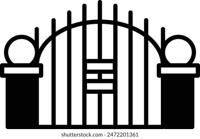 A black and white gate with a white ball on top of it. The gate is made of metal and has a design on it