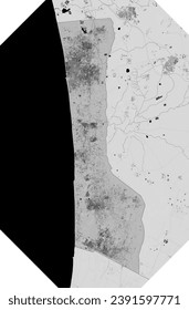 Schwarz-Weiß-Gaza-Streifen-Karte. Detaillierte Graustufen-Landkarte im Nahen Osten. Topographie Form der politischen Verwaltung mit Gebäuden.