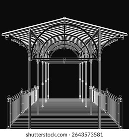 Black and white gazebo with stairs, surrounded by ornate railings and pillars, evoking a vintage aesthetic. The dark background enhances the mysterious atmosphere, resembling an old bridge.