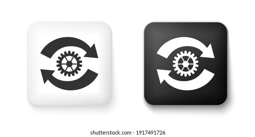 Engranaje blanco y negro y flechas como icono de concepto de flujo de trabajo aislado en fondo blanco. Signo de recarga de engranajes. Botón cuadrado. Vector.