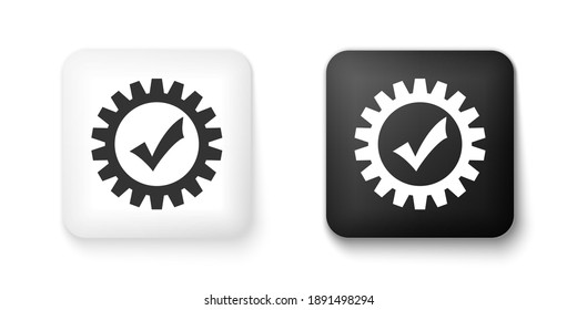 Black and white Gear with check mark icon isolated on white background. Cogwheel simple icon. Approved service sign. Transmission Rotation Mechanism symbol. Square button. Vector.