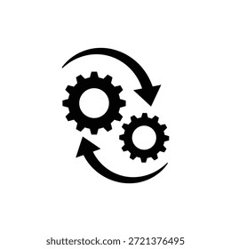 Schwarz-weißes Zahnradsymbol mit gekrümmten Pfeilen, die Prozessautomatisierung oder Workflow darstellen