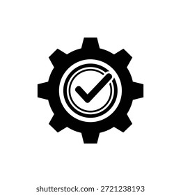 Icono de engranaje blanco y negro con marca de verificación centrada que representa el mecanismo aprobado
