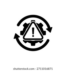 Ícone de engrenagem preto e branco com símbolo de aviso conceito de ciclo de erro do sistema