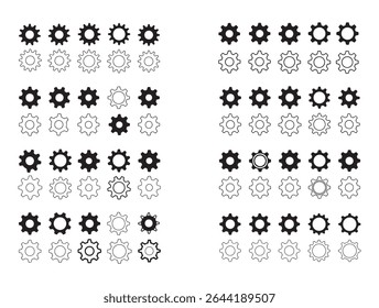 Black and White Gear Icons, comprehensive set of gear icons in black and white, featuring various styles and outlines, gear, icon, icons, icon, gear symbol, settings, cog, cogs, technology, mecha