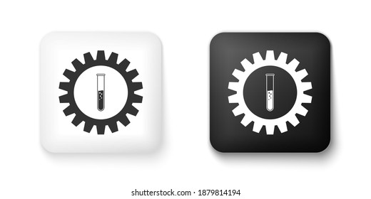 Black And White Gear And Test Tube Icon Isolated On White Background. Cogwheel And Flask Sign. Experiment Laboratory Glass Chemical Research Symbol. Square Button. Vector.