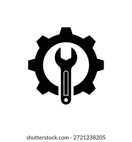 Black and white gear and wrench solid icon representing repair and maintenance