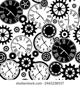 Black and white gears and clocks seamless pattern on white background