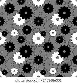 Black and white gears on gray background, Cogwheels, Seamless pattern, Vector, Fabric design, Wallpaper