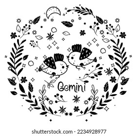Black and white Gemini. Cute Zodiac in a colorful wreath of leaves, flowers and stars around. Cute birds Gemini perfect for posters, logo, cards. Astrological Gemini zodiac. Vector illustration.